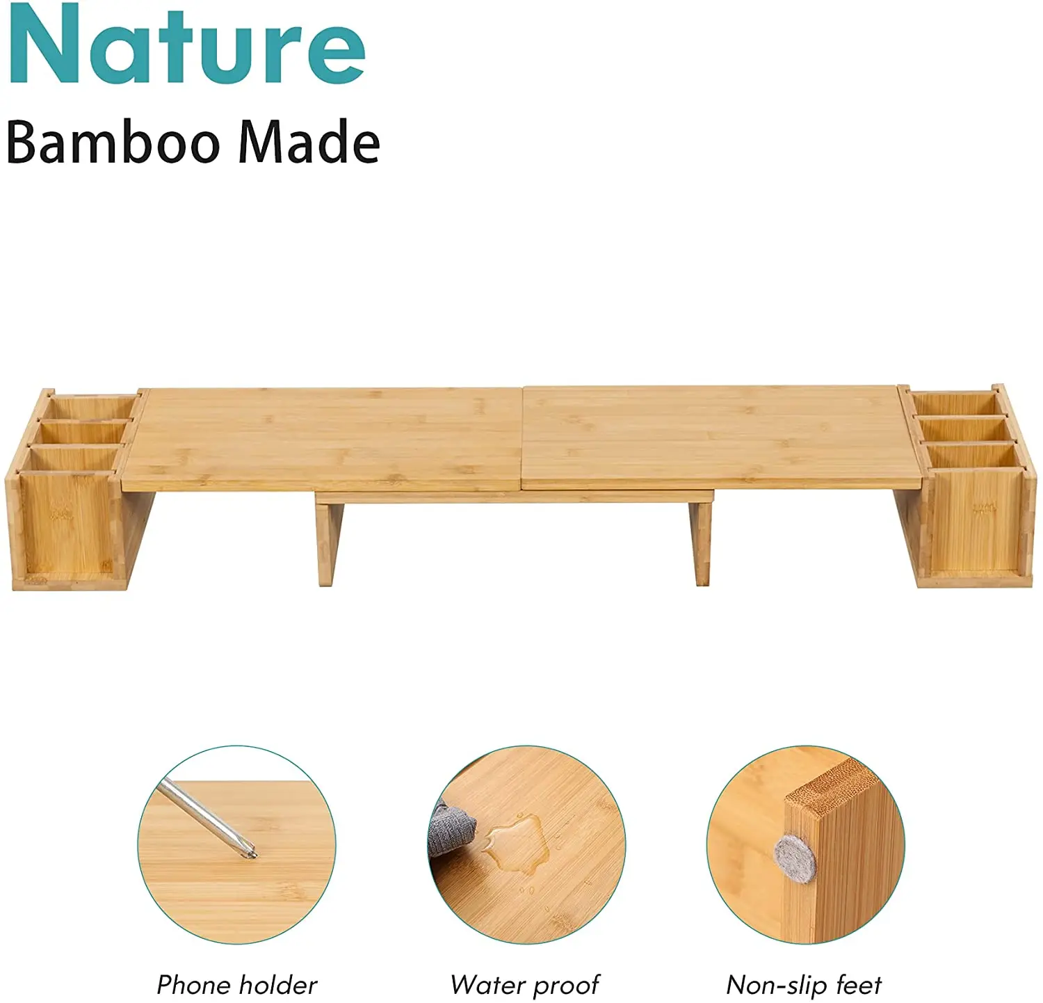 2022 Wood Bamboo Dual Computer Monitor Riser 3 Screen Laptop Stand With Storage Organiser