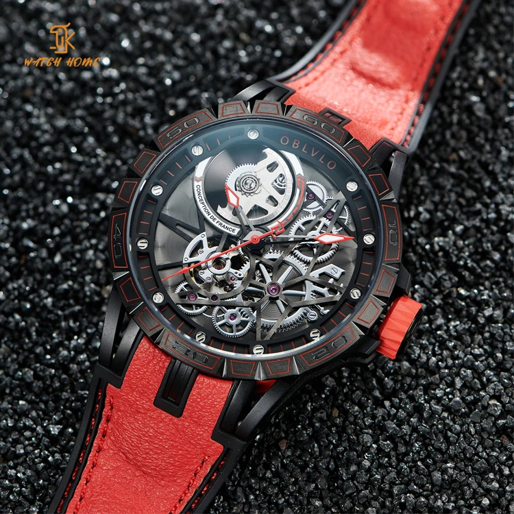 47mm Wind up Exposed Gmt Locomotive Mechanical Watch Black and Red Auto Wrist Gear Train Under Internals