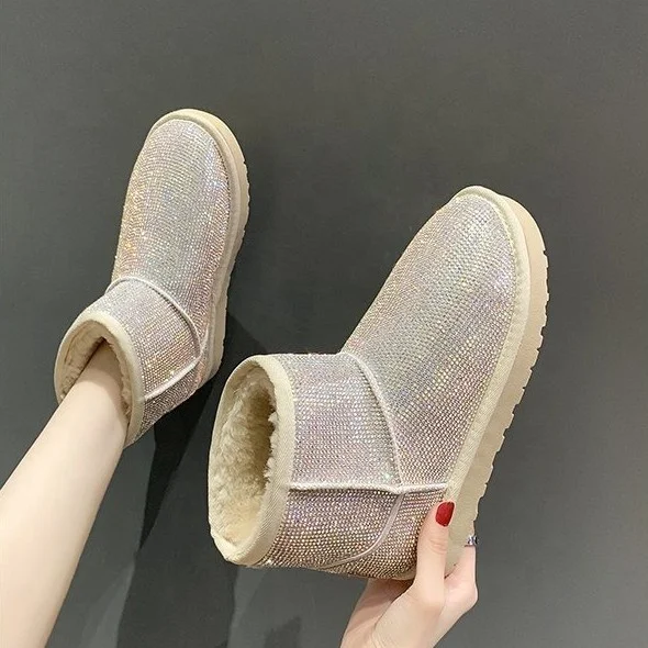 
High Quality Top Popular Wool Winter Boots New Style Crystal Rhinestone Sparkling Flat Women Snow Boots Ladies Hot Wholesale 