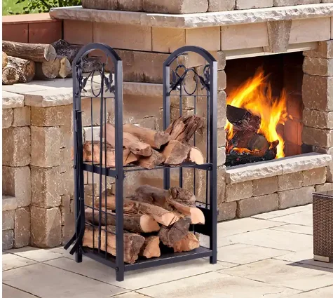 Firewood Storage Hut Firewood Stand Indoor and Outdoor Metal with 4 Fireplace Tools for Oven Steel Adjustable Black
