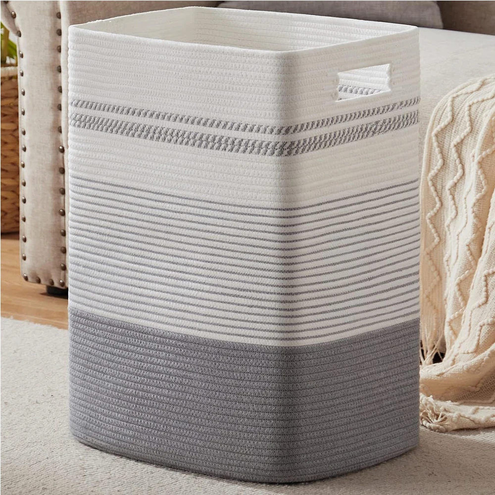 foldable Woven Rope Tall Laundry Basket Collapsible Laundry Hamper Tall Cotton Storage Basket for Toys Pillows Dirty Clothes Bin