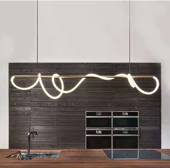 Minimal restaurant creative art note chandelier personality simple design long straight line table bar line
