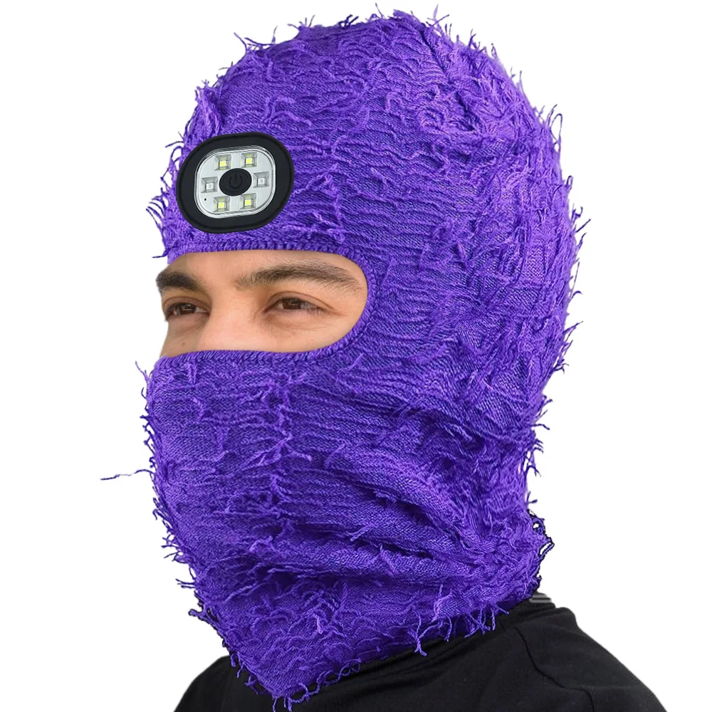 Wholesale Full Face Cover Motorbike Skull One Hole grassy custom ski masks distressed balaclava with LED light Light Beanie