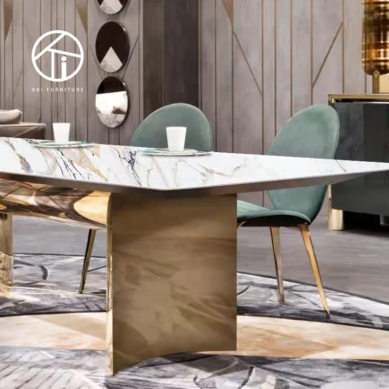 Italian Hight quality  rectangle modern dinning tables 6 chairs furniture dining room marble metal luxury dining table set