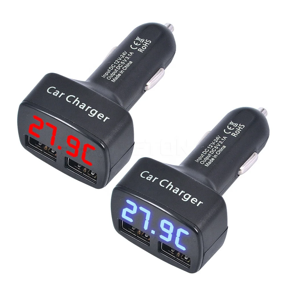 Car Charger Dual USB Voltmeter Thermometer Digital Display Charging Cigarette lighter 12V 24V for Car Tablet Smart Phone 4 in 1
