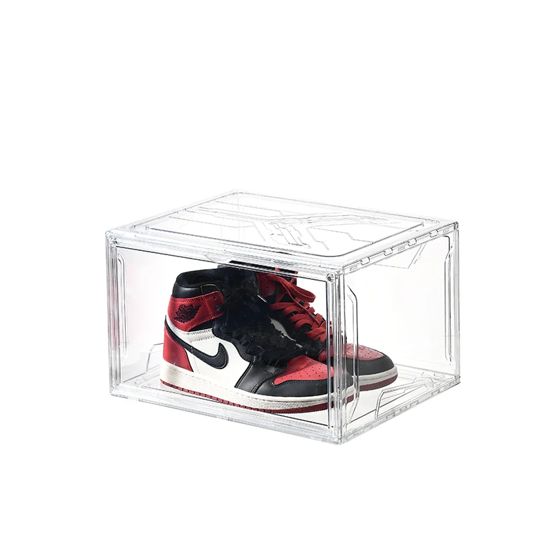 Full Transparent Plastic Magnetic Side Open Door Shoe Storage & Display Container Box Foldable Drop Side Sneaker Organizer Case