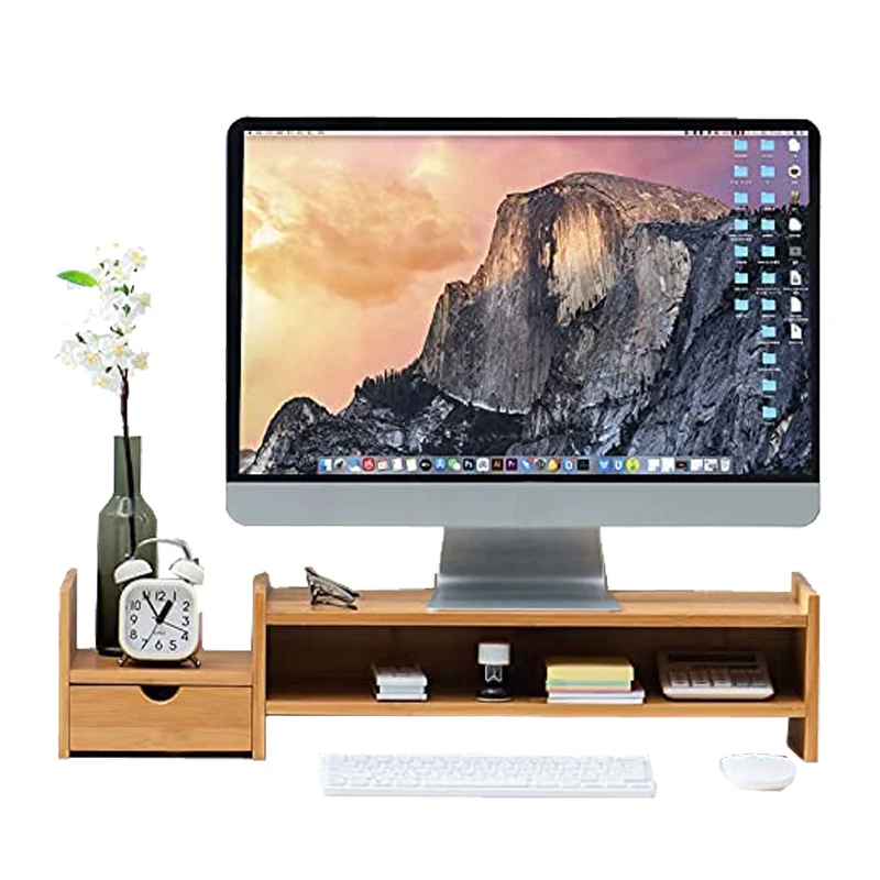 Durable Customized Space Saver Bamboo Monitor Stand Riser Organizer Computer Monitor Stand with Drawers