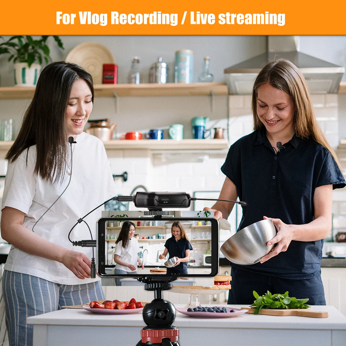 KIMAFUN KM-U307B-2 wireless dual microphone system with dual lavalier mic for live stream interview recording