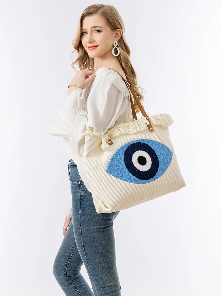 Wholesale Custom New Arrival Fashion Evil Eyes Tote Bag Bohemian Portable Canvas Shoulder Bag Top Fringe Beach Bag