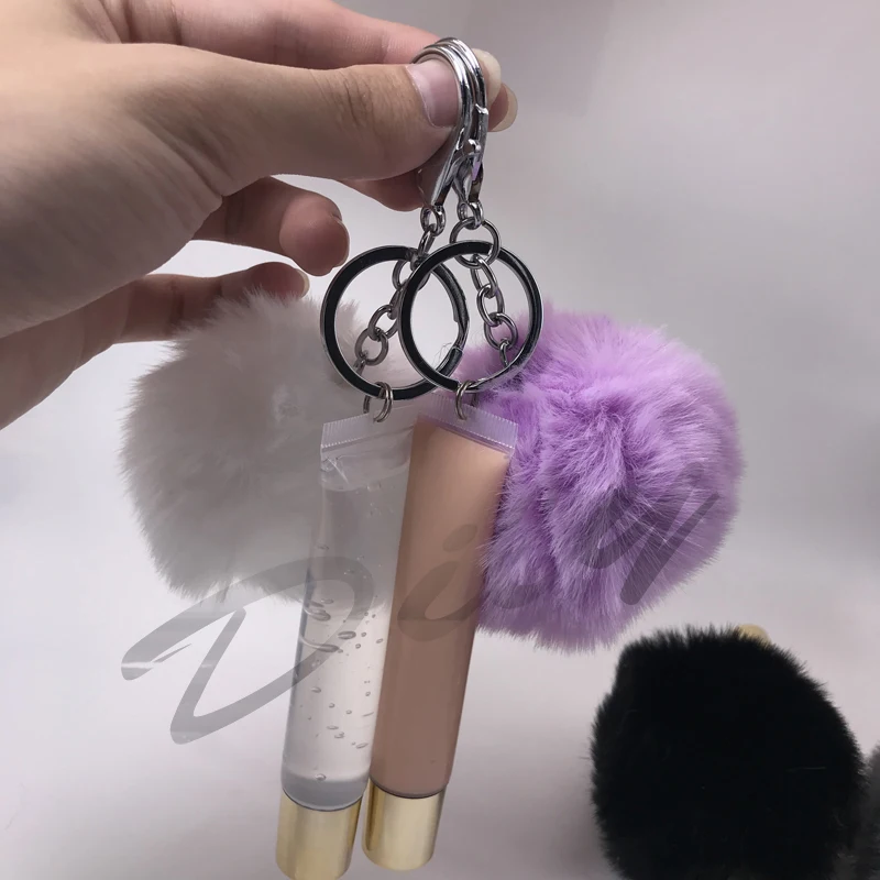2021 Custom logo Mini Fuzzy Ball clear Lip Gloss Keychain Vendors