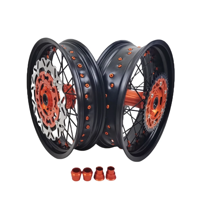 Professional Service Supermoto Wheelset For Aluminum Alloy With Black Rims And Orange Hubs