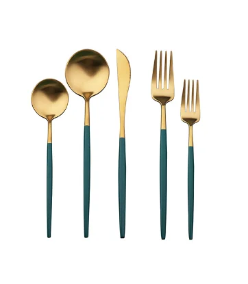 Modern Western Flatware Set Jade Green Handle With Titanium Gold Silver Stainless Steel Matte Cutlery for Restaurant