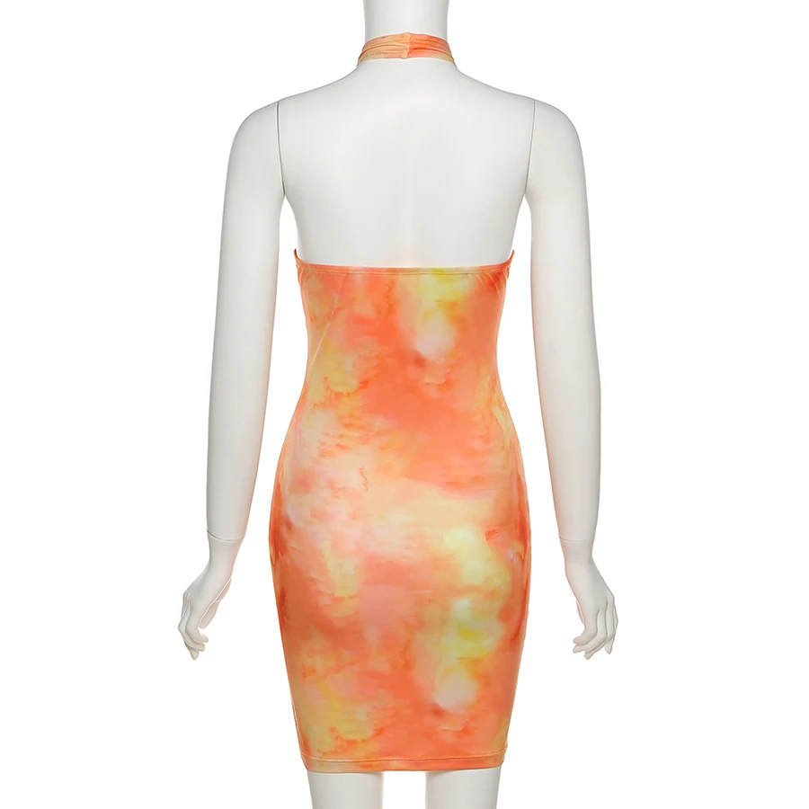 2022 Summer Tie Dyed Print Cross Halter  Bodycon Dress Party Clubwear Skinny Sleeveless Women Dresses