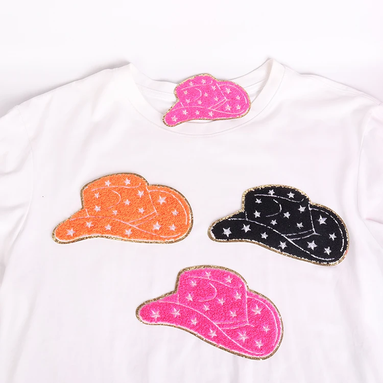 2022 Wholesale hot embroidery iron on patches big heat press gold glitter star cow boy hat shaped chenille patches for clothing