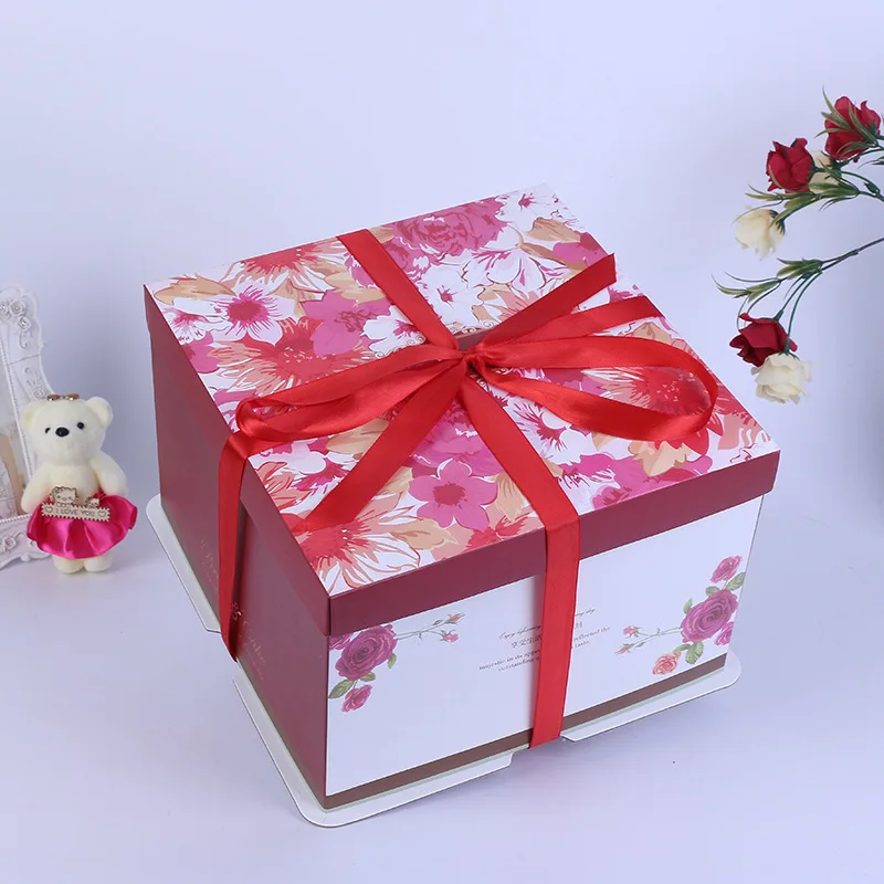 Custom Made 6 Inches 8 Inches 10 Inches Tall Cake Box With Bottom Board Big Packaging Cake Box With Ribbon