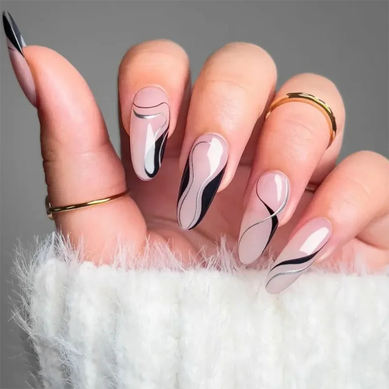 In stock personalized black line style press on nails holiday fantasy faux ongles reusable soft gel private label false nails