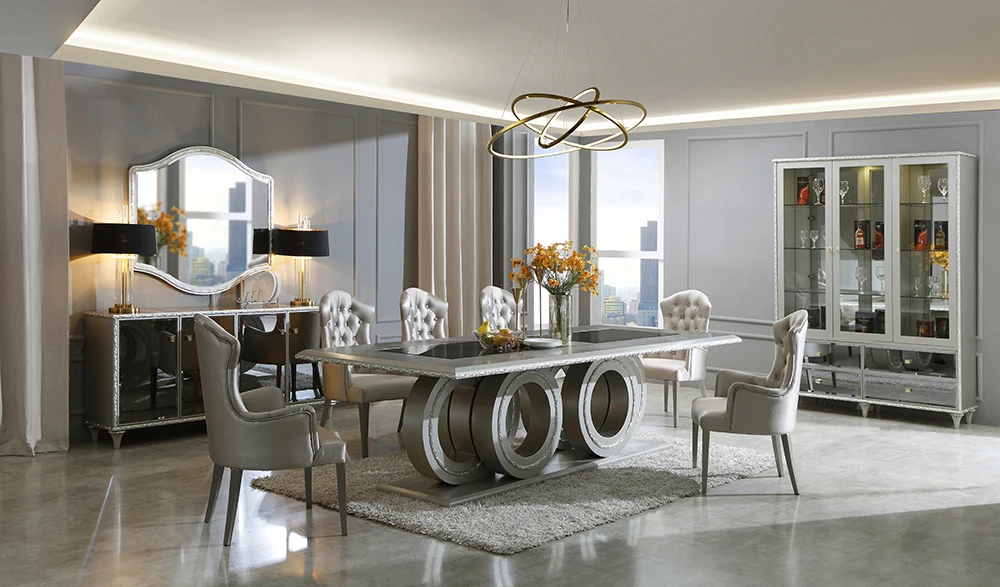 Modern Luxury Design Dining Room Table  Rectangle Shape Table 8 Chairs Dining Table Set Stainless Dining Room Furniture Set