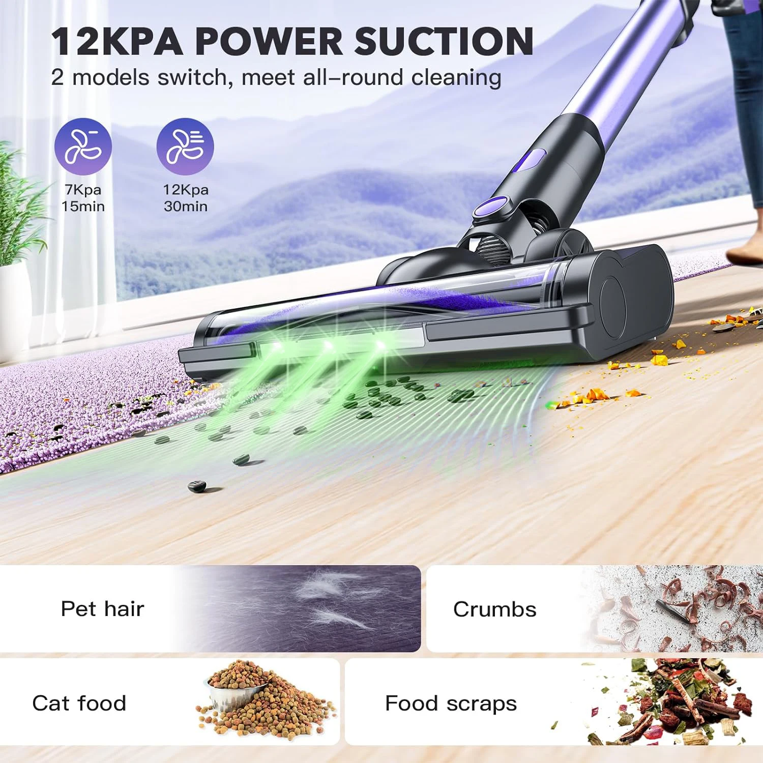 Cordless Sofa Vacuum Cleaner 12/20Kpa Powerful Suction Vacuum with LED Lights 6 in 1 Stick Vacuum