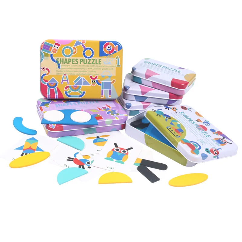 Children Wooden Toys Puzzle Block Tangram Iron Box Animal Geometric Shape Puzzle Wood Tangram Toys