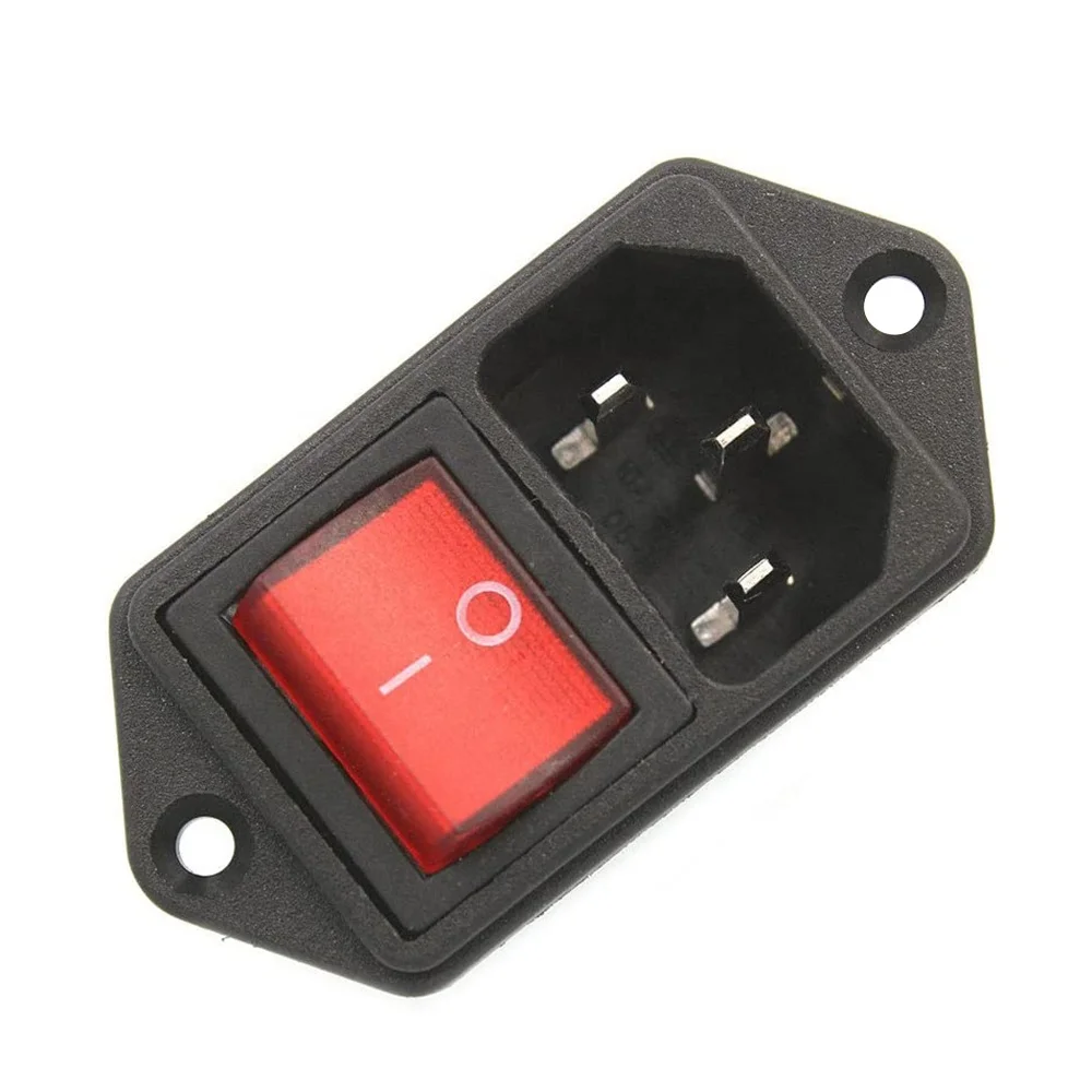 IEC320 C14 AC Power Cord Inlet Socket Receptacle w Red Lighted Rocker Switch