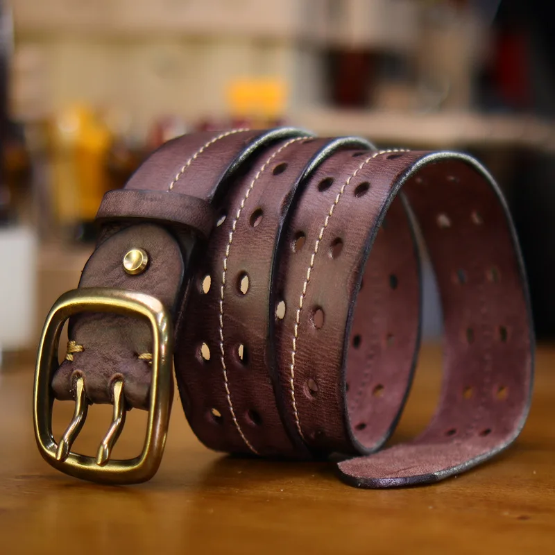 double steel needle Italian cowhide belt copper buckle hollow out leather belt for men