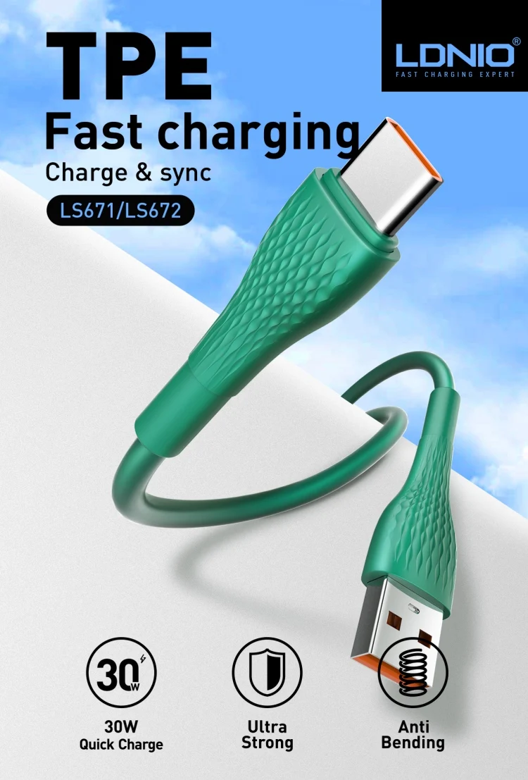 LDNIO LS671 High Quality 3A 1M TPE Silicone Type-C USB Data Cables Fast Charging Micro Samsung Android Devices Copper Cable Wire