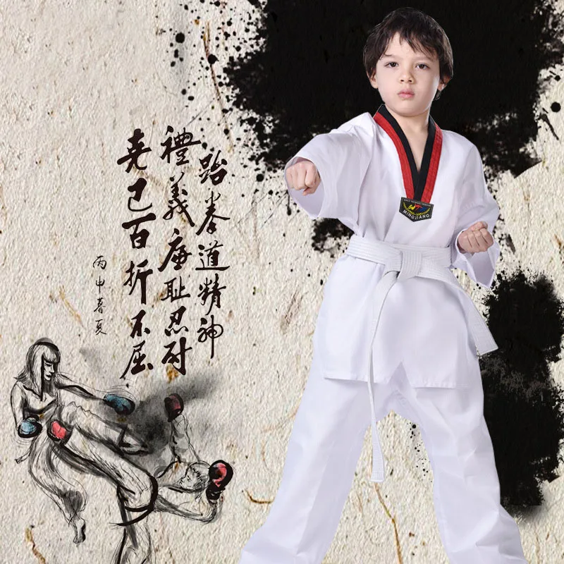 BSCI factory White Uniforms WTF Karate Judo Taekwondo Dobok Clothes Children Adult Unisex Long Sleeve TKD Costumes