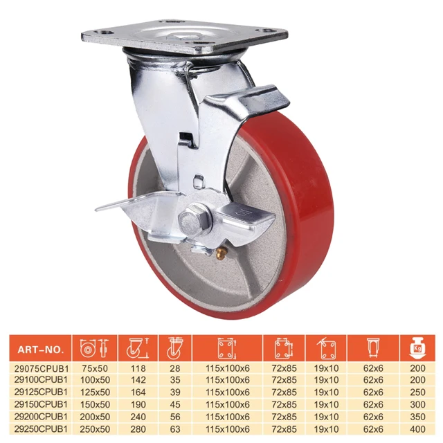 Wide application side brake heavy duty caster 3 to 10 inch wheels warehouse pallet furniture Industrial PU Wheel Caster 6 Inch