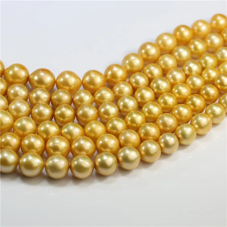Feirun 12-13mm round AA+ golden color cultured freshwater big natural pearls strands wholesale 16 inch