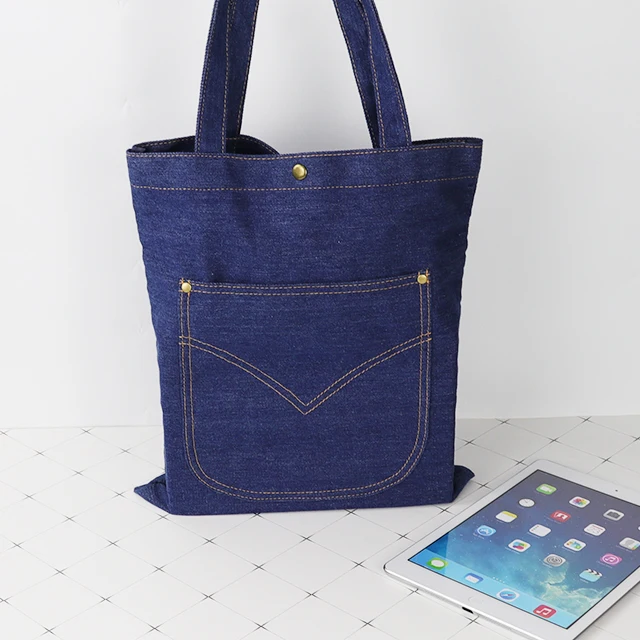 Custom Logo Denim Shoulder Shopping Navy Blue Casual  Jean Tote Bag Denim