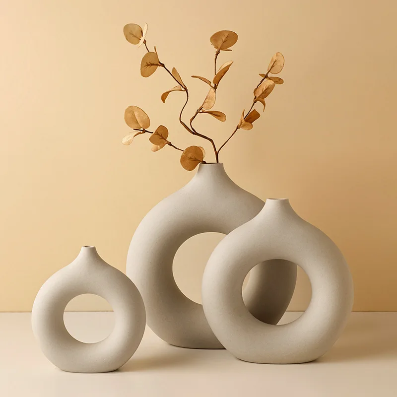 Hot Selling Ins Style Circled Ceramic Vase High Quality Home Living Room Plain White Vase Set of 3 Donut Wholesale