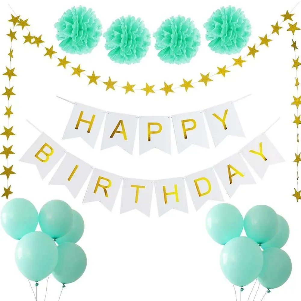 Hot selling paper flower ball set Tiffany blue romantic white fishtail flag latex balloon birthday party decoration