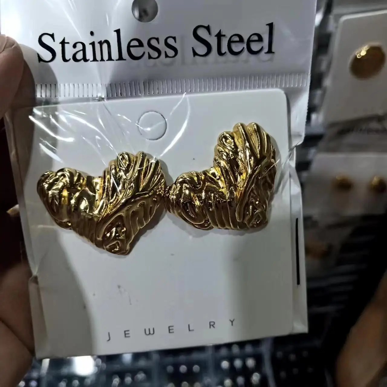 OEM Retro Embossed Square Bread Hollow Stainless Steel Gold Tarnish Free Earrings