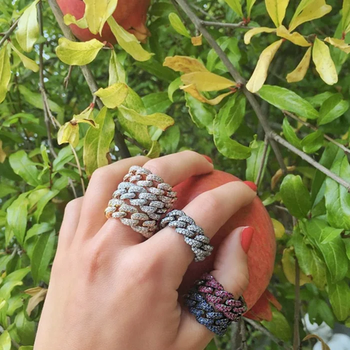 Stock hip hop jewelry micro pave cz Miami cuban link chain ring for women men boy US SIZE 6 7 8