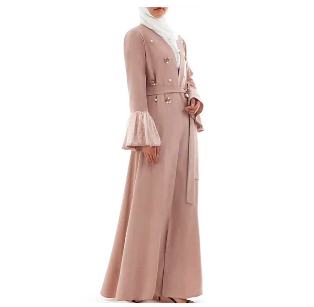 Simple Ruffle Sleeves Embroidery Open Abaya For Muslim Women Stylish Pearl Bead Lace Trim Abaya Muslim Dress For Women Dubai