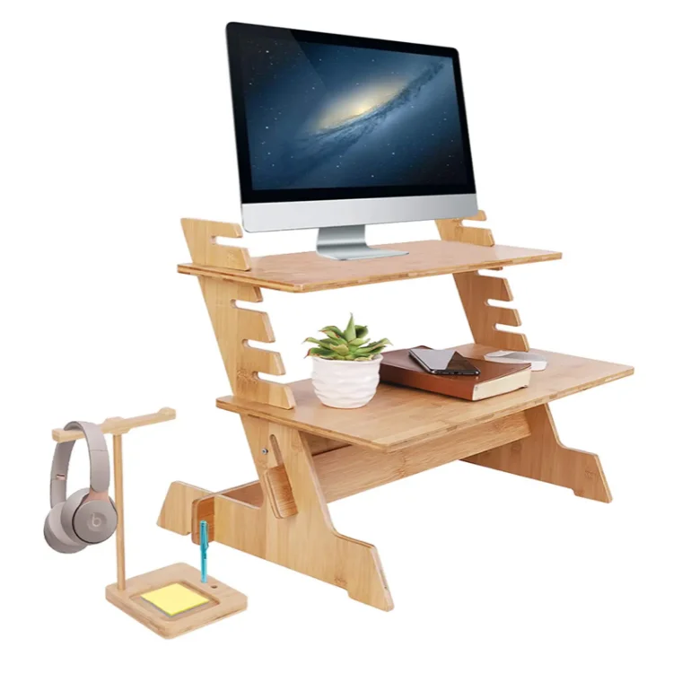 eco friendly  bamboo standing monitor stand desk convertor riser for monitor