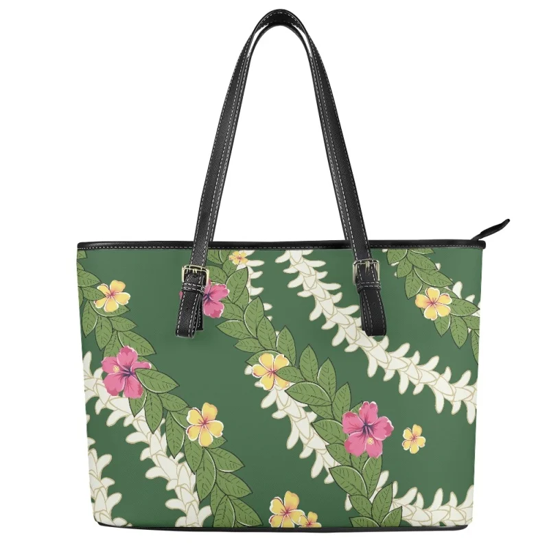 Hawaiian Puakenikeni Hibiscus Pattern Lady Leather Handbag POD Dropship Elegant Carryall for Women