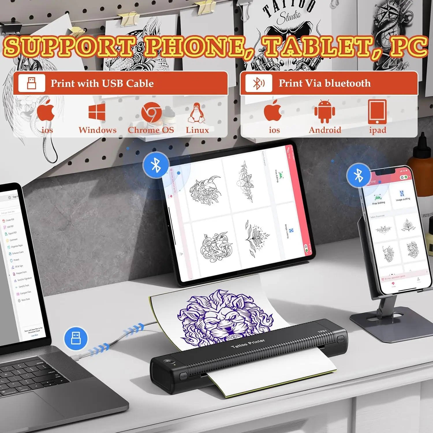 Phomemo TP81 (модернизированный T08FS) беспроводной Трафаретный принтер для татуировок термопринтер тату-мастеров совместимый с планшетом