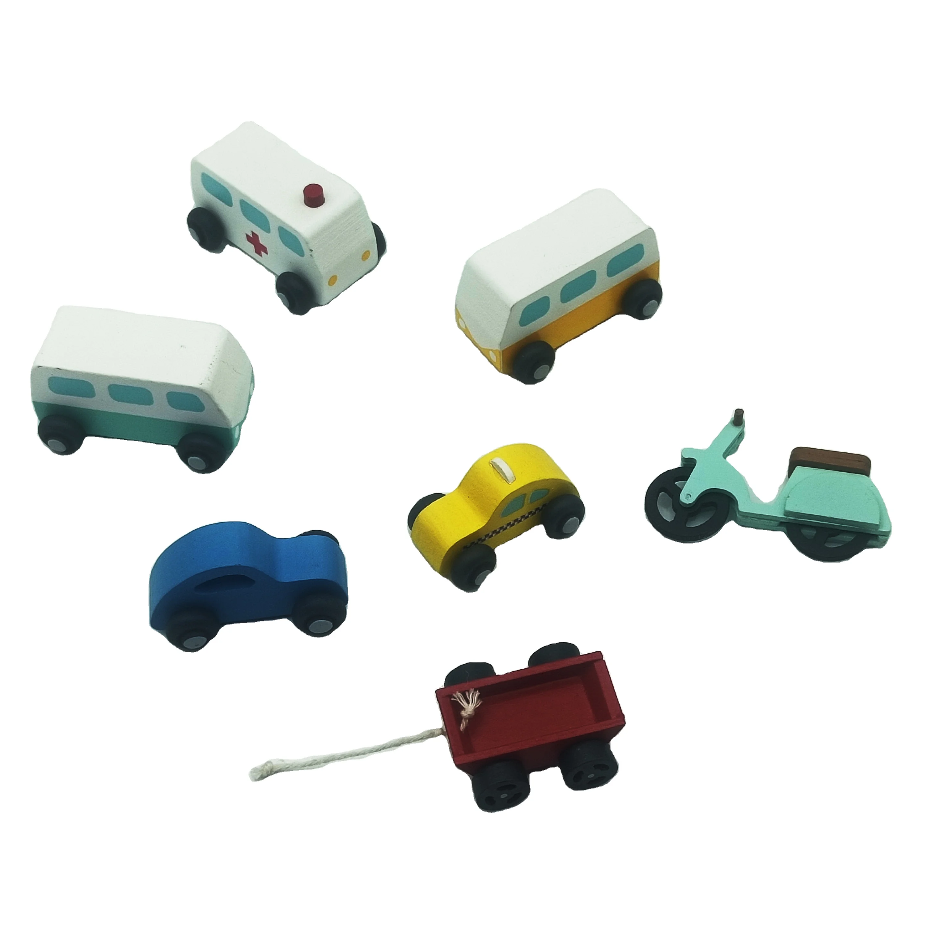 Painted kids play wooden miniature toys for education vehicle set ambulance van taxi car wagon