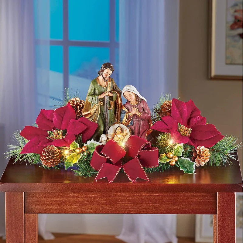 Resin Crafts Christmas Tabletop Decoration Polyresin Nativity Scene Figurine Sets with Poinsettias