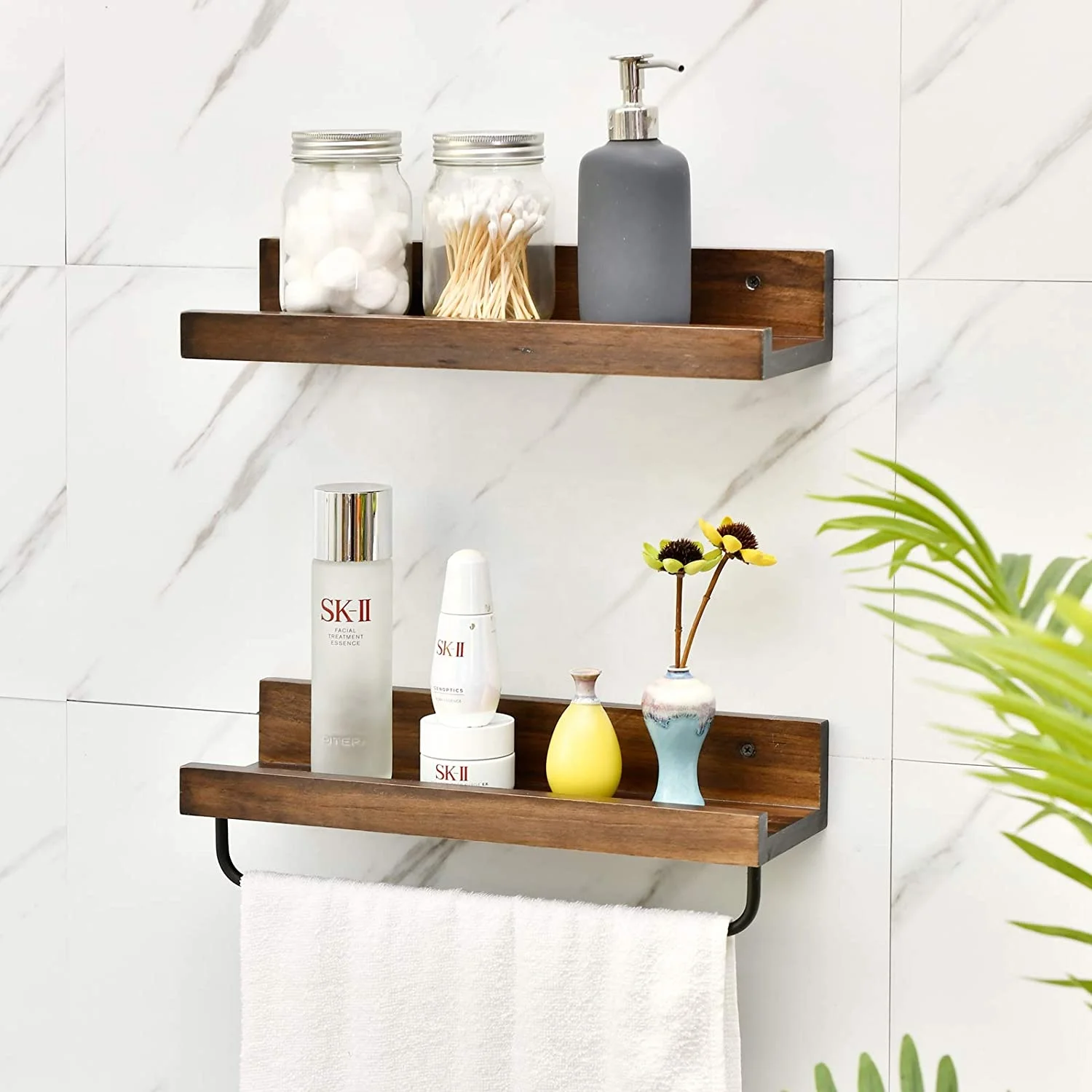 Wood Picture Ledge Wall Mounted Wood Storage Shelf with Hooks for Kitchen Bathroom