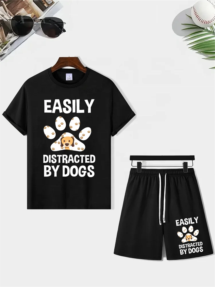Summer Set Suit Short Sleeve Tshirt Two Pieces Dog Print Sports Suit Casual T-Shirt And Shorts Set