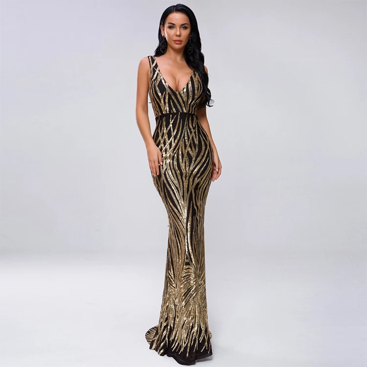 Wholesale Evening Gown Sexy Female Elegant Golden V-Neck Sling Trailing Evening Dress