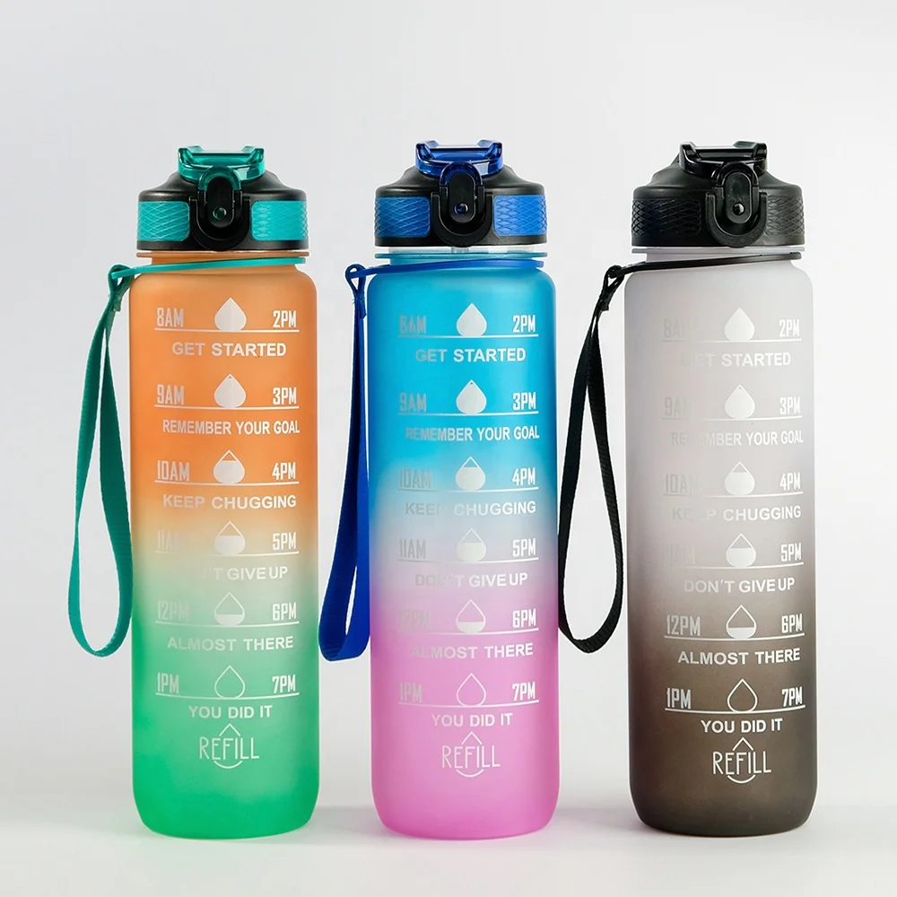 Frosted Tritan Plastic Bottle 1 Liter 32 Oz Motivational Water Bottle With Time Marker Reminder