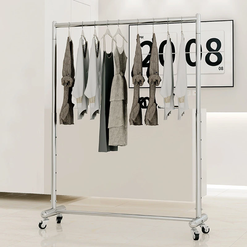 Wholesale Stainless Steel Movable Metal Clothing Garment Hanger Display Stand Clothes Rack For Clothing Store With Wheels