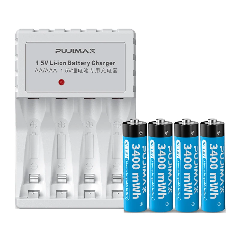 smart 1.5v aa li-ion battery charger set 4 slots 1.5v aa lithium rechargeable battery charger with aa batteries 3400mwh