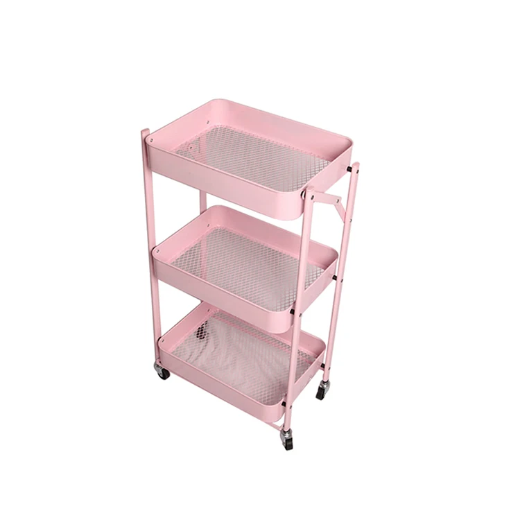3 Tier Basket Trolley 3Tier Kitchen Blue Foldable Cart Organizer Wheels Collapsible Food Platform Hand
