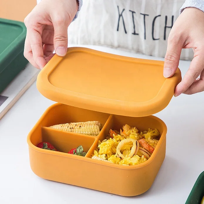 Rectangle Bento Box Silicone Food Storage Container BPA Free Spill Proof Silicone 3 Compartment Bento Lunch Box
