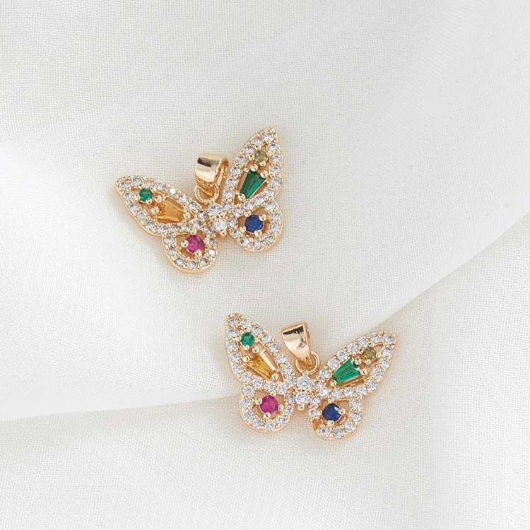 
Custom Designer Burtterfly shape Color Zircon Pendant 14K Gold Plated Mariposa Butterfly Charm for Jewelry Making 