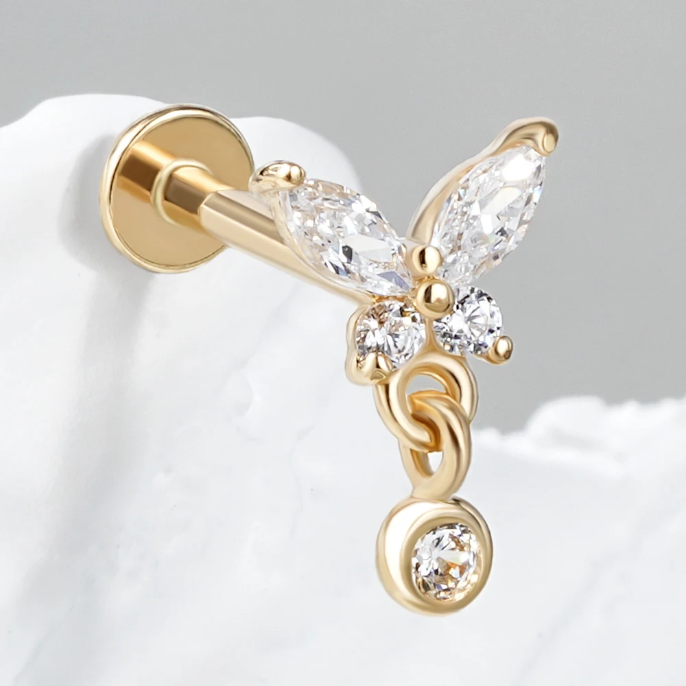 Toposh Flower Butterfly Moon Sword Axe Stud Labret Stud 14K Gold Threadless Lip Stud Earrings Cartilage Body Piercing Jewelry